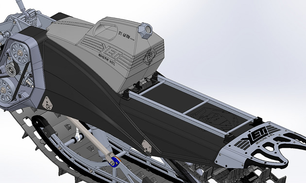 A CAD rendering of the Yeti fuel tank and cargo rack. 