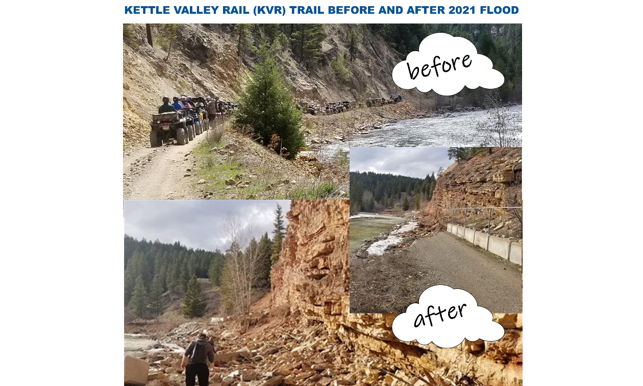 Before and after pictures of a clear trail along a mountain and another with rocks covering the trail. 