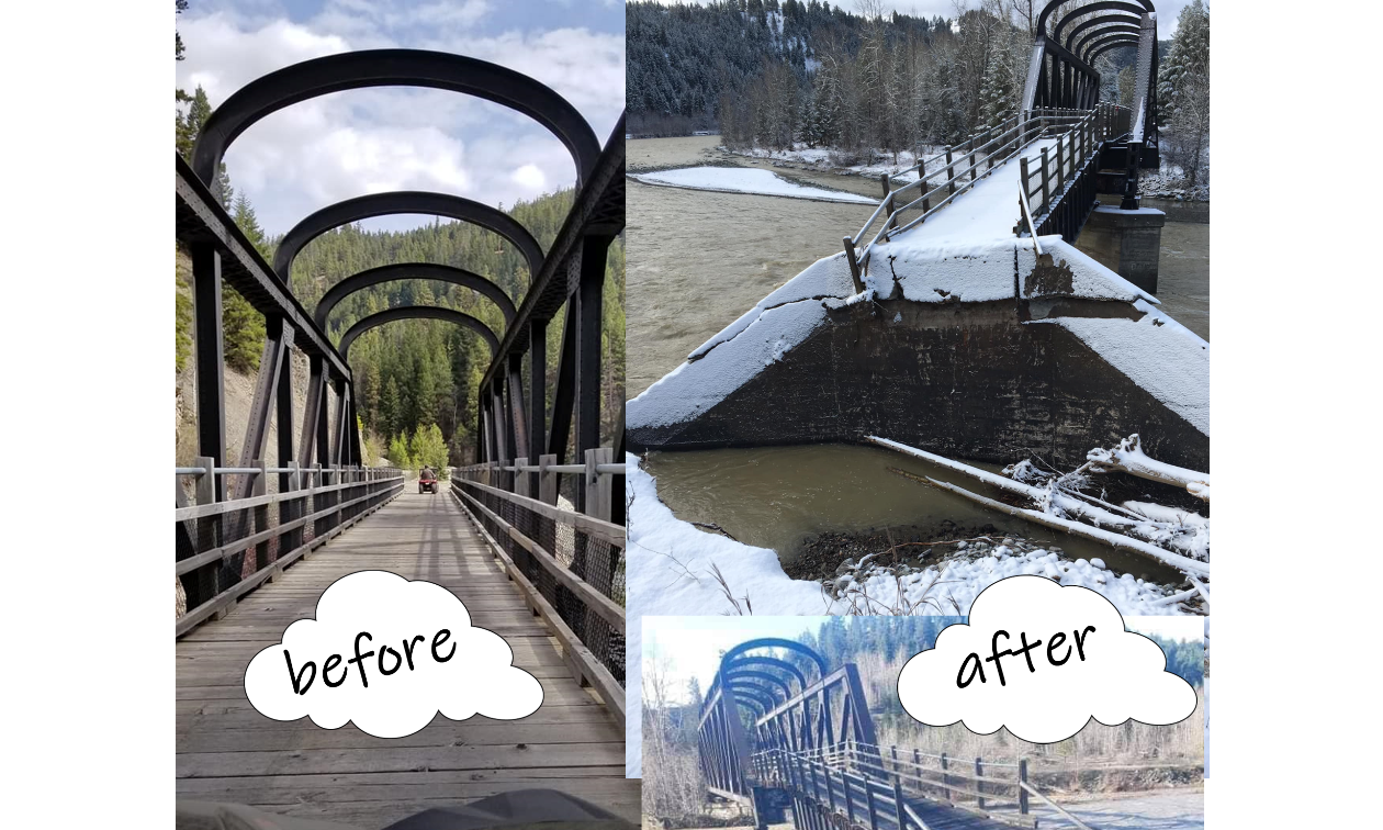 Before and after pictures of a railway trestle bridge in good shape and then damaged. 