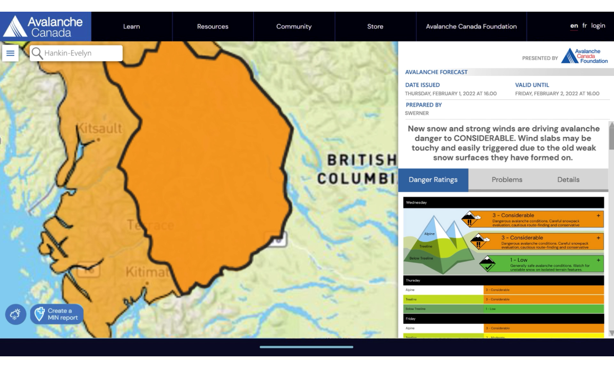 Avalanche Canada’s website shows a map of British Columbia with parts highlighted in orange. 