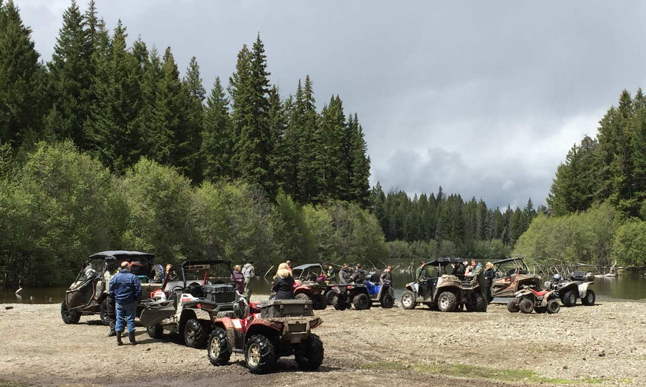 A line of ATVs along a lake edge in the woods. 
