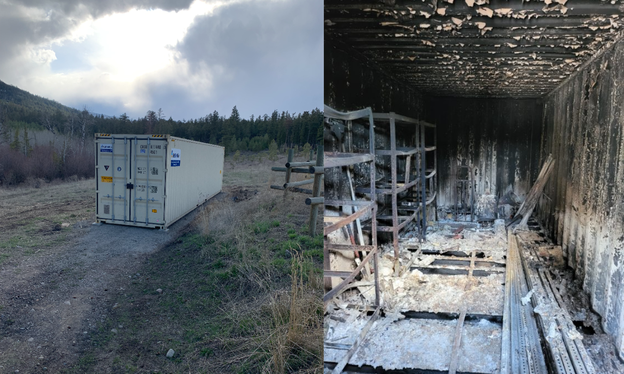 A storage container is intact on the left and charred remains in the image to the right. 