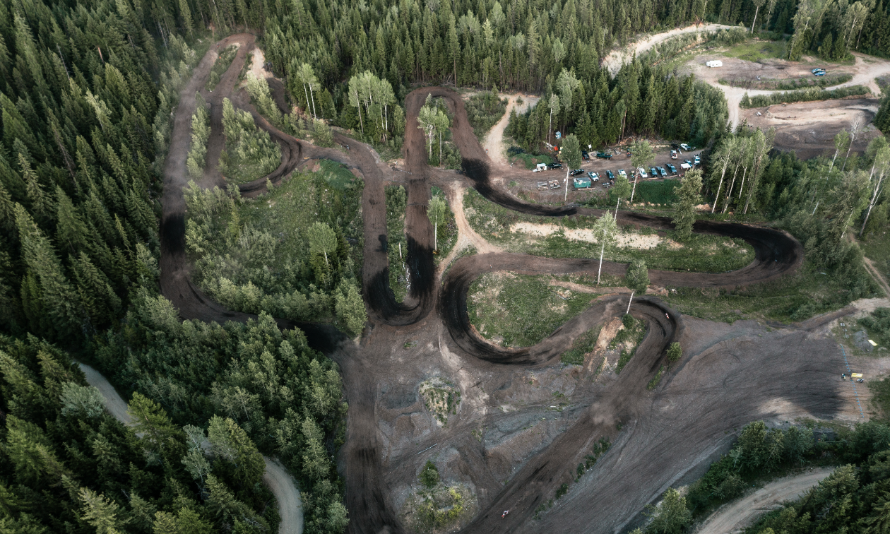An aerial shot of the West Kootenay Recreational Dirt Bike and ATV Society motocross track. 