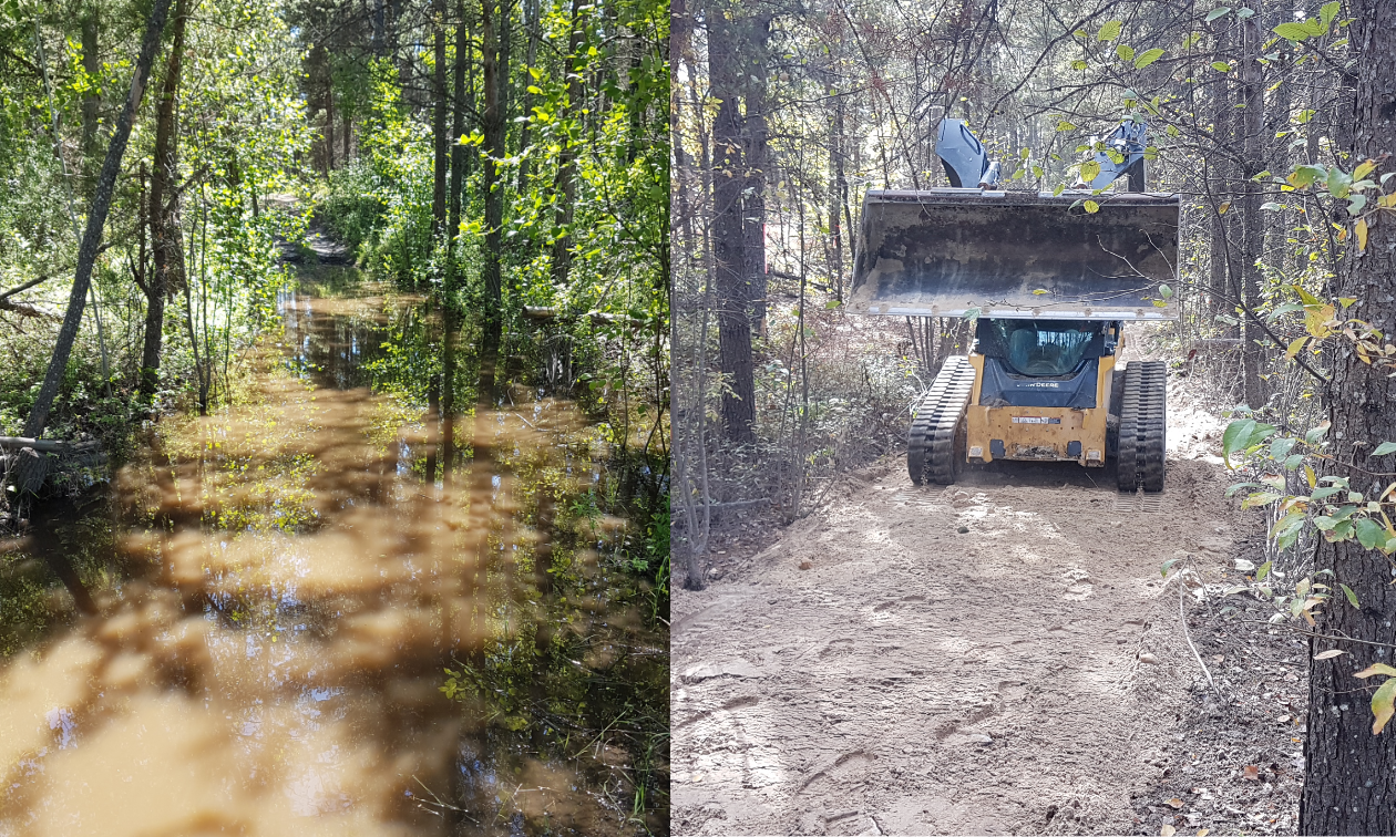 A flooded section of an ATV trail next to a different photo showing it being repaired by a skid steer with a large bucket of dirt fill. 