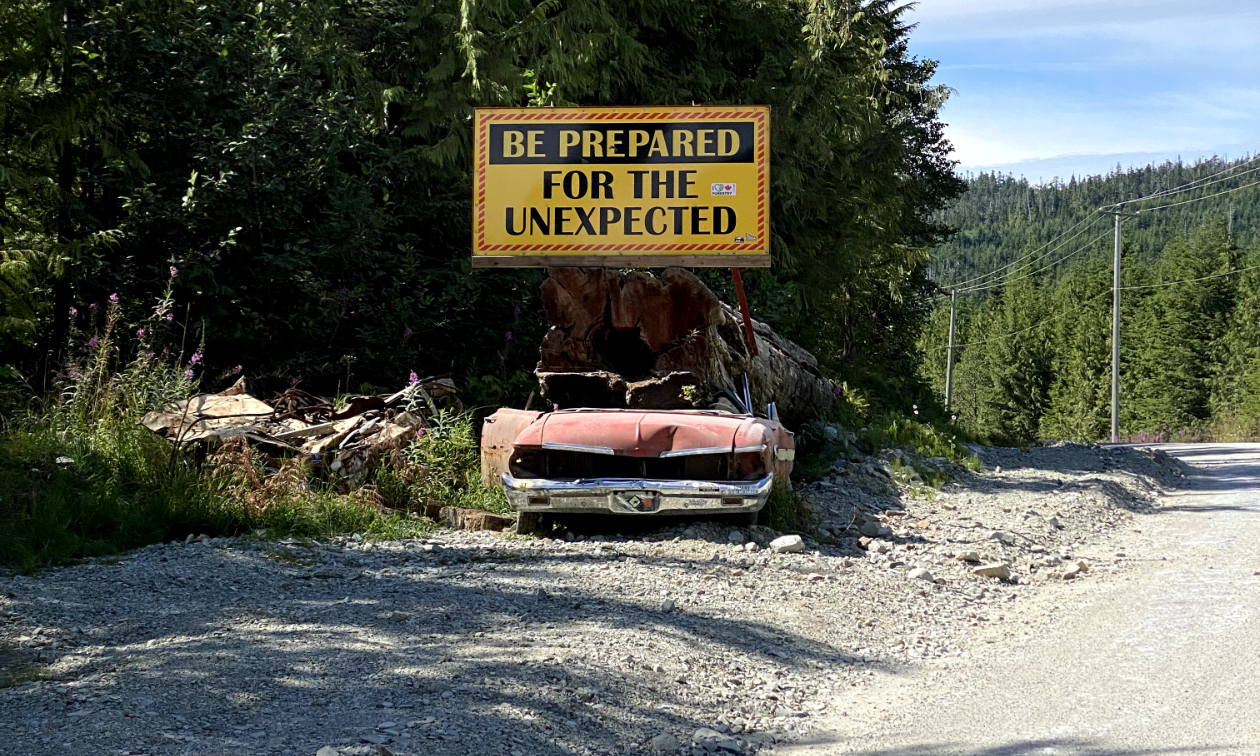 A sign reads “Be prepared for the unexpected” above a fallen tree on top of a car. 