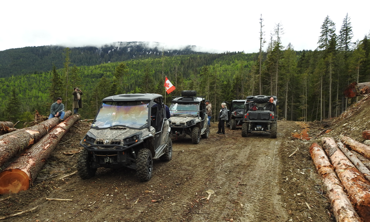 A few ATVs are parked on a dirt trail next to cut-down logs.