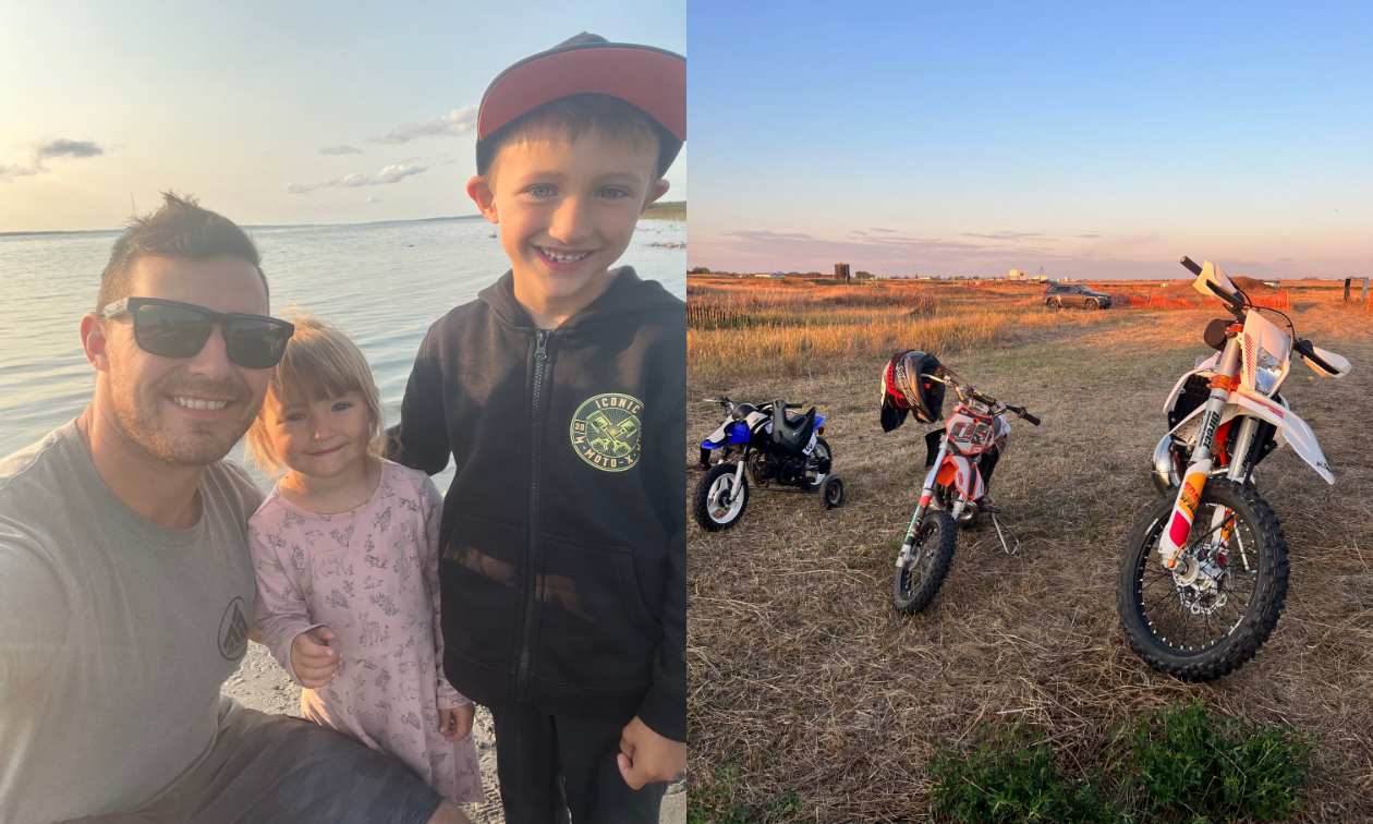 (L to R) Scott Kreiser with his children, three-year-old Kali and six-year-old Dax. Kali rides a Yamaha PW 50 with training wheels, Dax rides a KTM 50 SX, and Scott rides a 2019 KTM XCW 300 Six Days edition. 