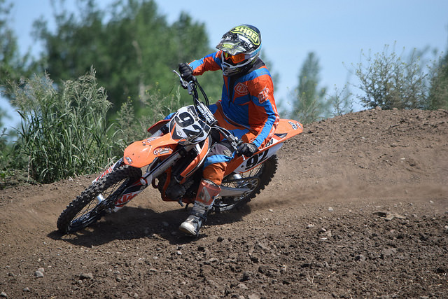Tom Ostrem aboard his KTM 250 at AOTMX's track in Westlock, AB. 