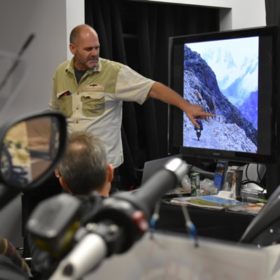 Rene Cormier at a recent adventure motorcycle talk in Vancouver. 