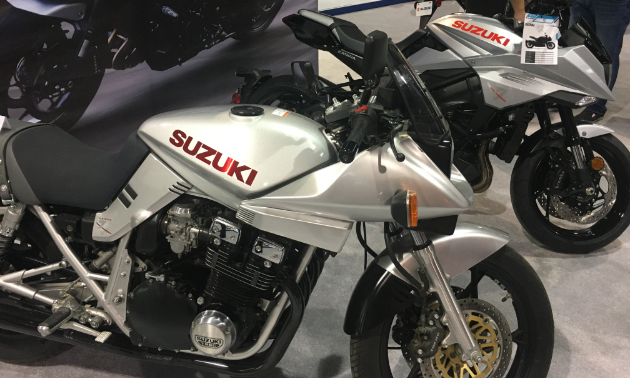 2020 Suzuki Katana 1000. The old model is in the foreground and the new version is behind it.