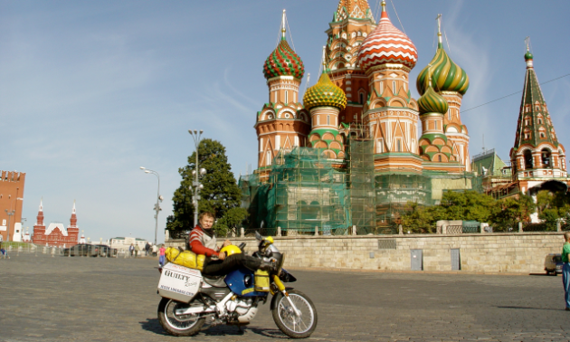 Glen Heggstad took a casual break in Red Square outside of St. Basil's Cathedral in Moscow, Russia.