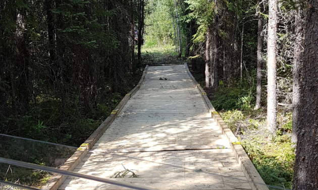 A wooden bridge extends into the forest, leading to a continuation of an ATV trail.
