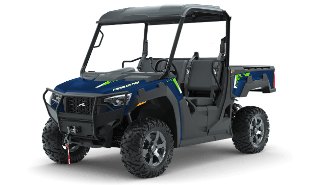 A blue and black 2021 Arctic Cat Prowler Pro side-by-side. 