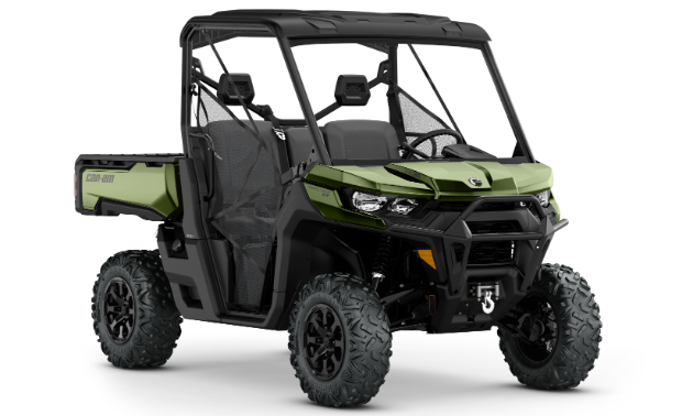 A stock photo of a green Can-Am Defender.