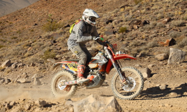 Florian Schwarz races through rocky sections of the Best in the Desert Vegas to Reno race.