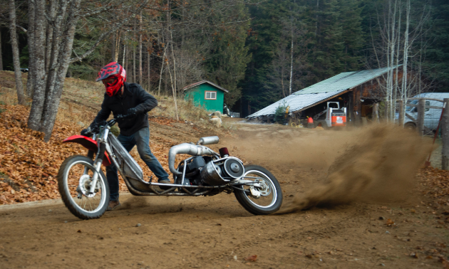 Ethan Schlussler rides a powered-up off-road scooter.