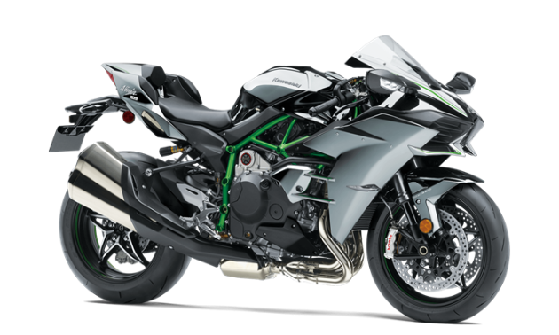 A grey, green and black 2021 Kawasaki Ninja H2 motorcycle. 