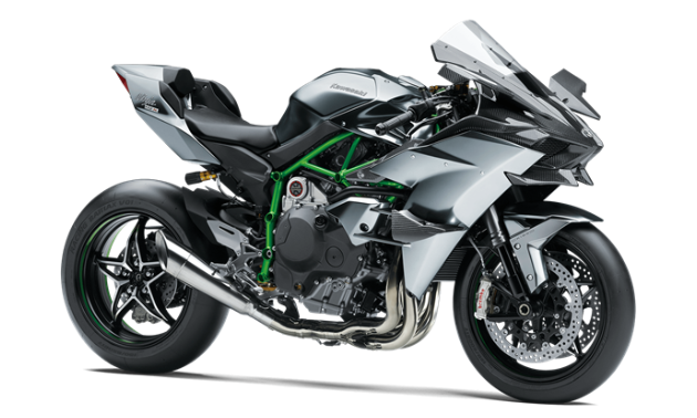 A grey, green and black 2021 Kawasaki Ninja H2R motorcycle. 