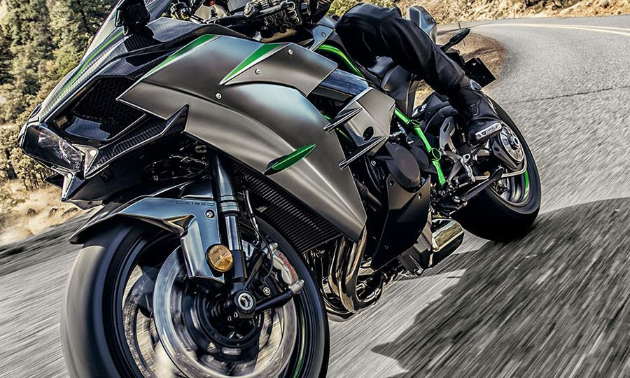 A grey, green and black 2021 Kawasaki Ninja H2R motorcycle. 