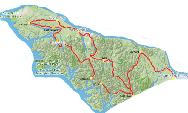 A map of the north of Vancouver Island with a red line highlighting where the North Island 1000 will travel through. 
