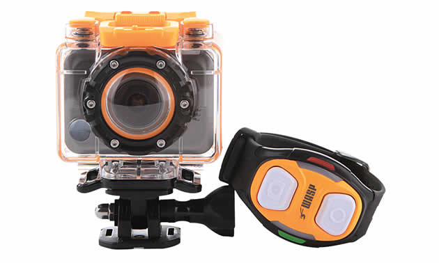 An orange WASPcam helmet camera with wireless wrist remote. 
