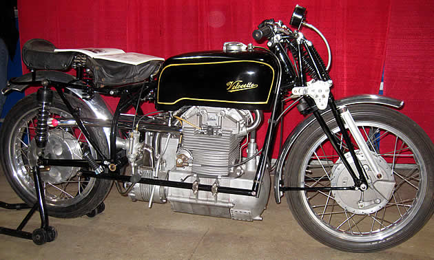 A black 1939 Velocette Roarer replica bike. 