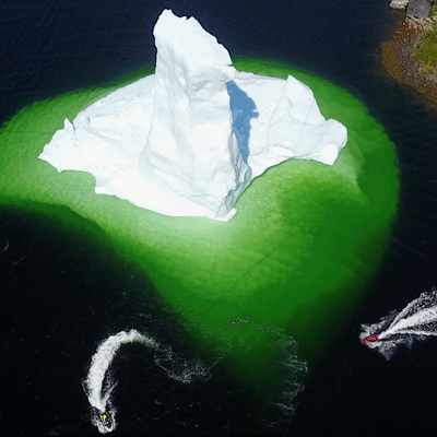 an aerial view of the icebergs in Newfoundland. 
