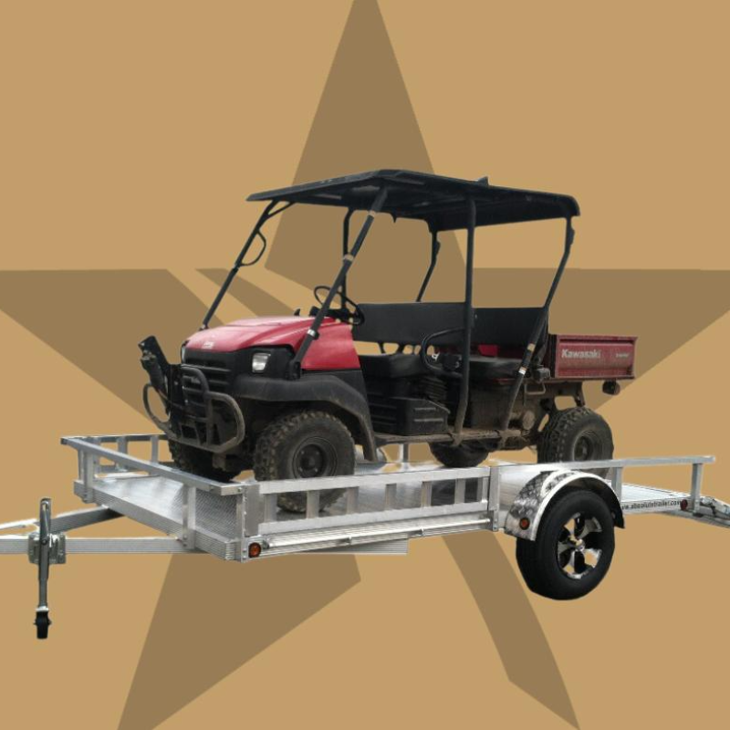 A red side-by-side ATV is parked on a PRIMO trailer. The background is the Vantage Trailer Sales logo, a bronze star. 