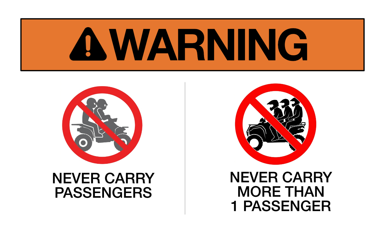The image on the left is from a single-rider ATV and clearly says “Never carry passengers.” The image on the right is from an ATV capable of carrying one passenger. It clearly says “Never carry MORE than 1 passenger.” 