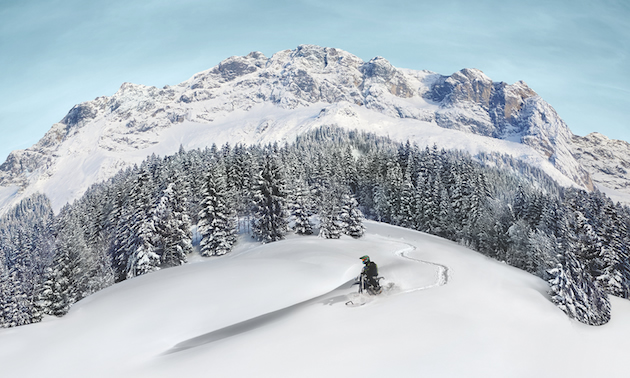 The Camso DTS 129 provides new heights of mobility and access in deep snow conditions that would otherwise be impossible with a conventional motorcycle.
