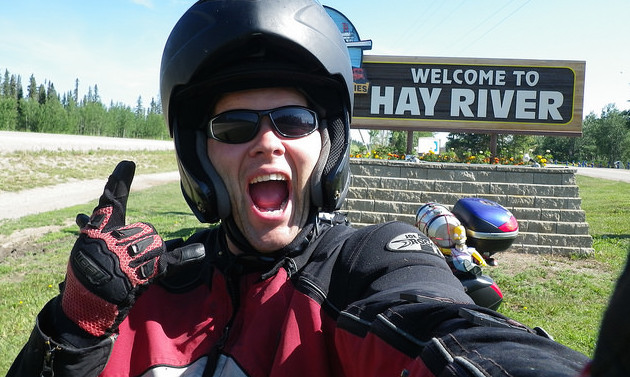 Jeff Lee and his faithful riding buddy, Homer, are excited to arrive at Hay River.