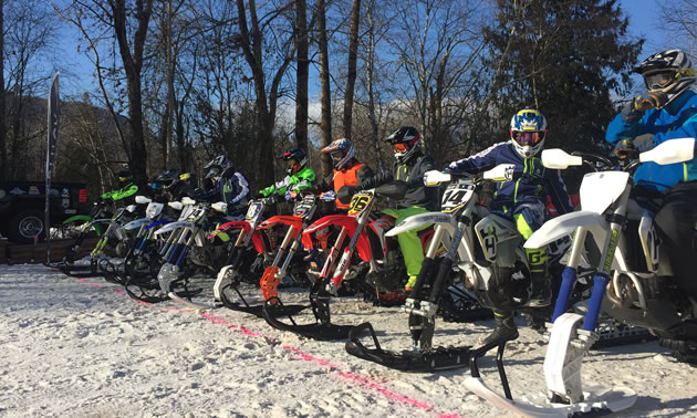 The starting lineup of the first round of the Canadian Snow Bike Championships.
