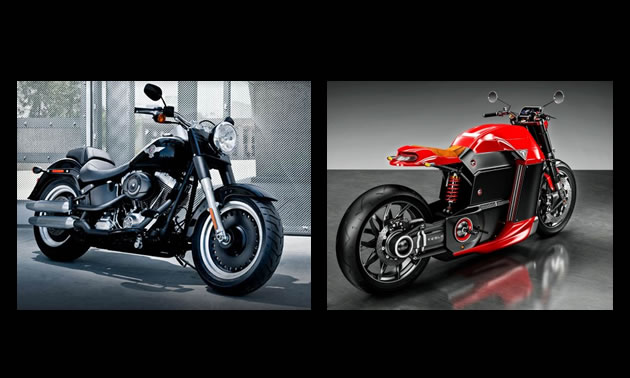 Picture of a Harley-Davidson Fat Boy motorcycle, and a prototype Model M Tesla motorcycle. 