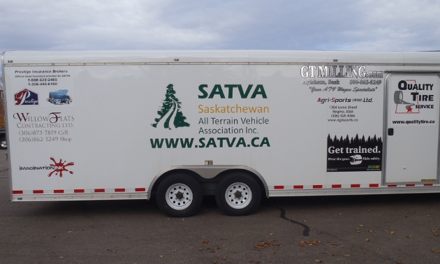 Trailer showing SATVA logo and advertising.