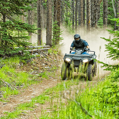 ATV rider on trail in forest. 