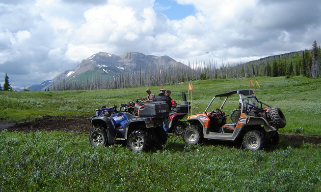 Two ATVs and a Razor are parked in an expanse of green field with a mountain off in the distance.