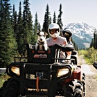 A man and his dog sit and pose for the camera on an ATV on a trail through the forest and mountains
