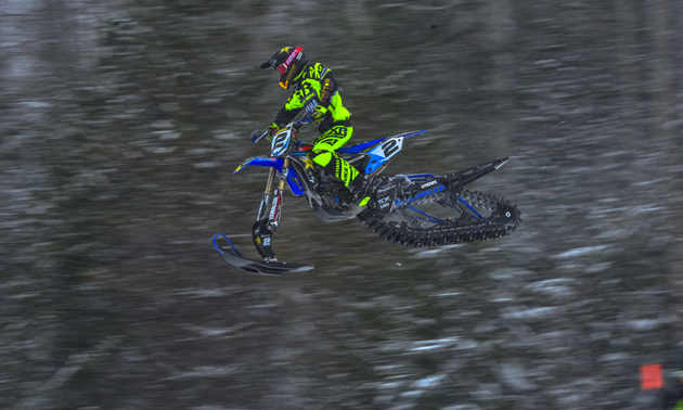 Brock Hoyer soars through the air during the Revelstoke snow bike races. 