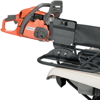 an orange chainsaw on the back of an ATV.
