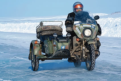 Kolenc on his Russian army sidecar bike