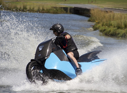 A motorcycle riding on water. 