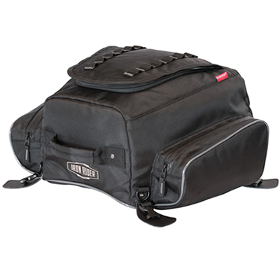 Black tail bag for motorcycle touring. 
