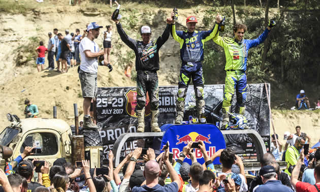 Graham Jarvis on the top step of the podium after the 2017 Red Bull Romaniacs. 