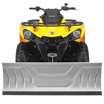 Kolpin snow plow on a yellow ATV. 