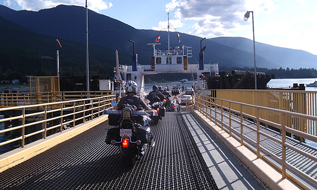 Motorcycles loading onto the ferry at Crawford Bay. 