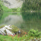 Scenic shot of an alpine lake. 