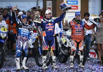 The winners of 2014 Dakar Rally on the podium. 