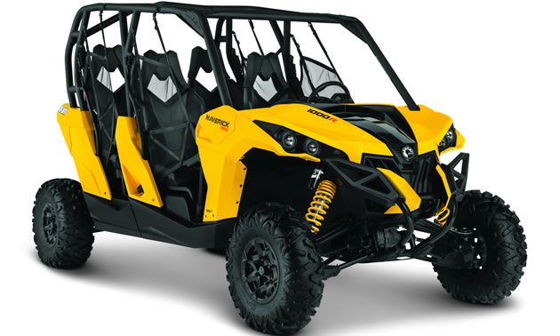 A yellow and black four seater Can-Am side by side. 
