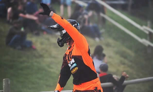 Davi Millsaps fist pumps the air after winning Round 3 of the CMRC pro nationals. 