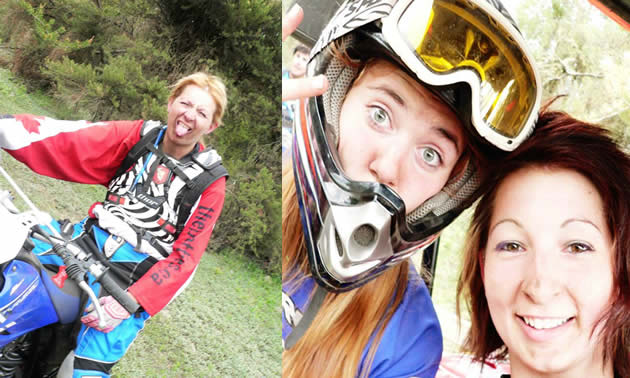 A woman sitting on a dirt bike and a photo of two girls, one is wearing a helmet and goggles. 